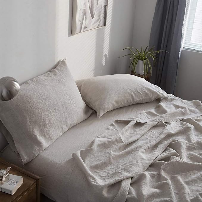 Simple&Opulence 100% French Linen Pillowcase King Size-Set of 2- Washed Solid Color Pillow Cases Embroidered -Soft and Durable (Linen, 20''x40'')