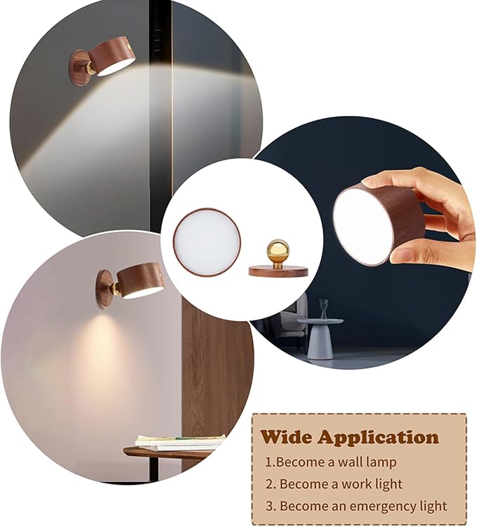 LANDGOO Wood Wall Sconce, Sapele Wood Magnetic 360° Rotatable Cordless Bedside Lamp Set, Rechargeable & Dimmable LED Lights with Touch Control, Wireless Wall Mount for Bedroom