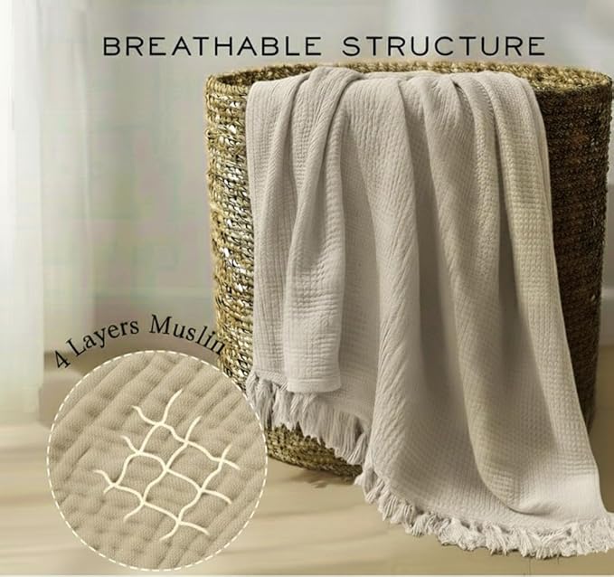 KyraHome 100% Organic Cotton Throw Muslin Blankets, 90"x90", Pre-Washed Plant Dyed, Breathable Lightweight Soft Gauze Summer Blankets for Adults, Bed, All Season, Oatmeal Khaki