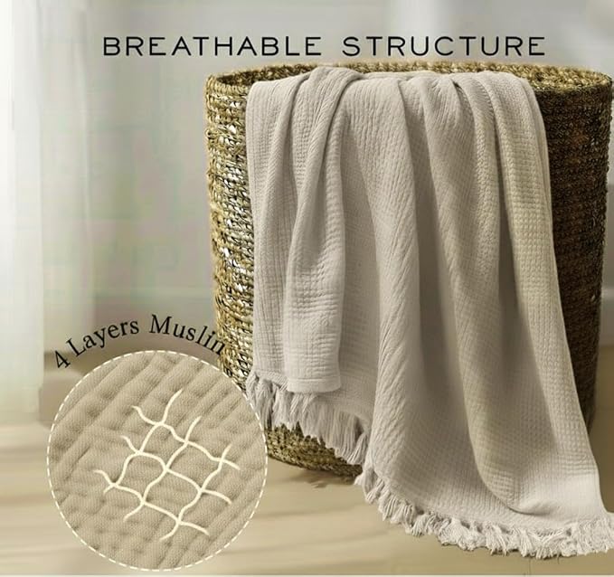 KyraHome 100% Organic Cotton 90"x104" King Size Muslin Blankets for Adults, Couch, Pre-Washed Plant Dyed, Breathable Cozy Gauze Bed Blanket, All Season (Oatmeal Khaki)