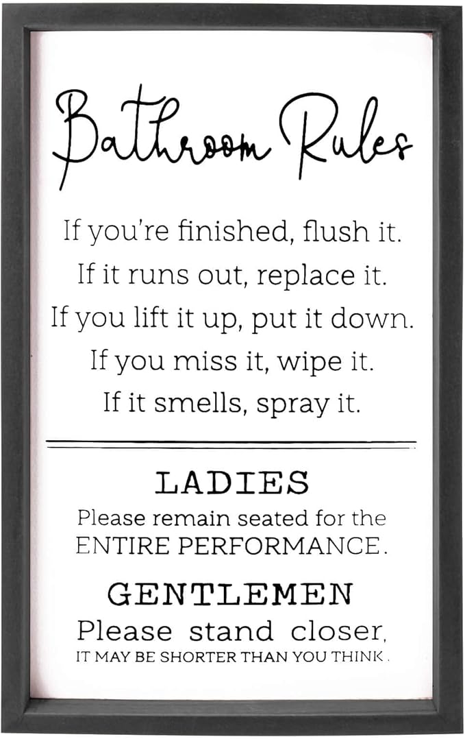 VILIGHT Bathroom Rules Sign House Warming Gifts for New Home - Farmhouse Toilet Decorations Funny Restroom Wall Decor - Black Frame Vertical 16x9.5 Inches