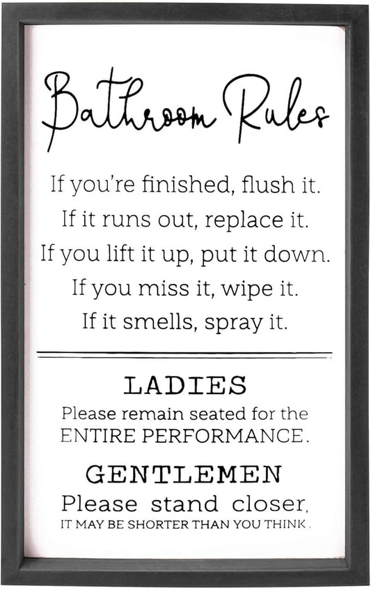 VILIGHT Bathroom Rules Sign House Warming Gifts for New Home - Farmhouse Toilet Decorations Funny Restroom Wall Decor - Black Frame Vertical 16x9.5 Inches