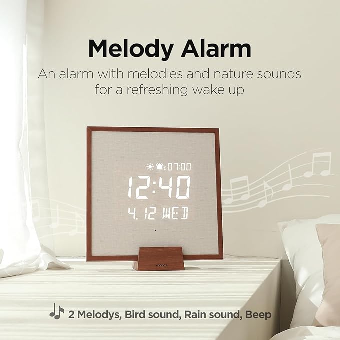 mooas Wooden Frame LED Silent Wall Clock with Remote, Backlit Nightlight, Modern Digital LED Wall Clock Display Sunrise Alarm Melody 5 Brightness for Bedroom Living Room (Wooden Frame Dark Brown)