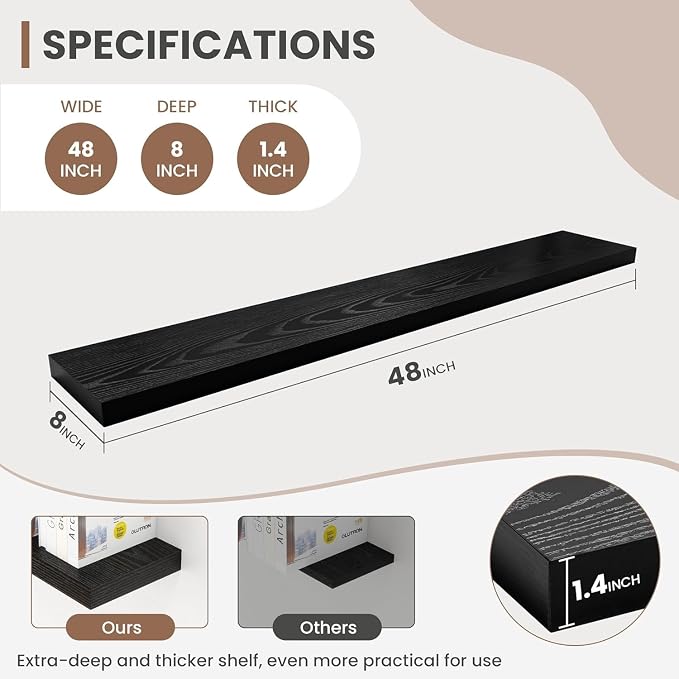Acovy 48 Inch Floating Shelves, 8 Inch Deep Floating Shelves for Wall, Hanging Shelf with Invisible Brackets, Deep Shelves for Bathroom, Bedroom, Living Room, Black, Set of 2