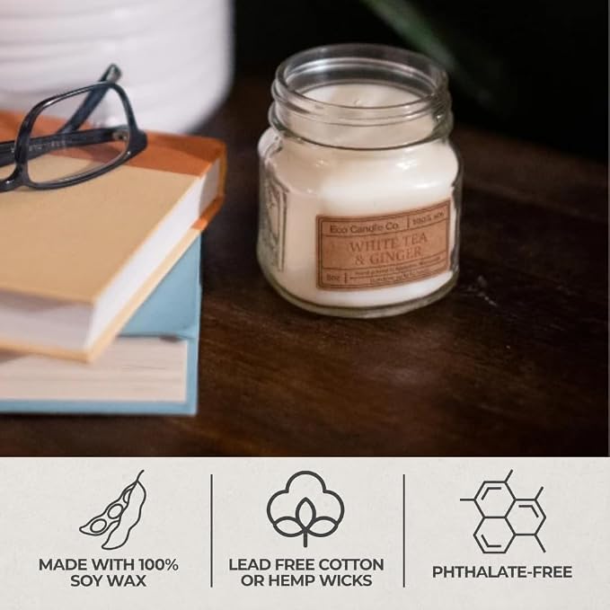 ECO CANDLE CO. Mason Jar Candle, Baby's Butt, 8 oz. - Scents of Lavender, Baby Powder, & Vanilla - 100% Soy Wax, No Lead, Kraft Label & Antiqued Pewter Lid, Hand Poured, Midwest Grown Soybeans
