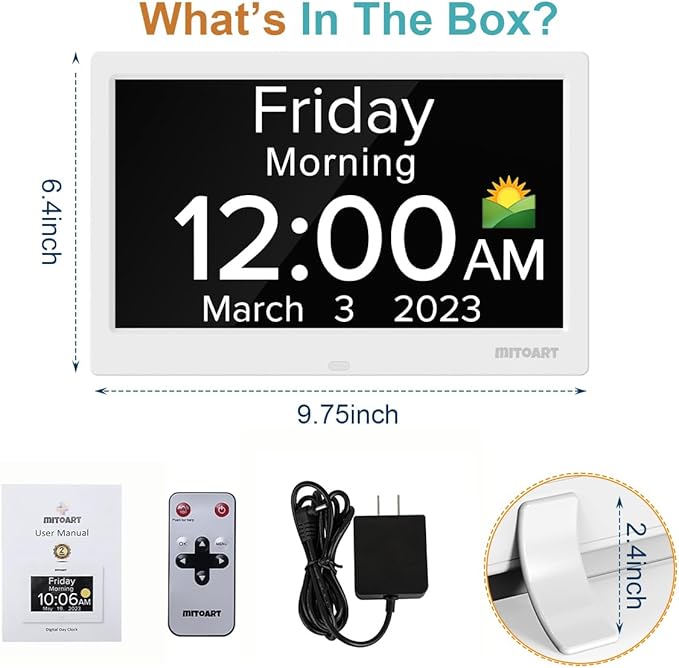 10.1 Inch Digital Alarm Clock with Date and Day of Week for Dementia Seniors, Clear Large Screen, Multiple Alarm Sets, Auto DST, Designed Specifically for Elderly - White
