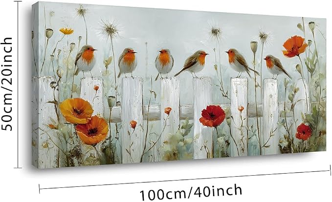Ggaafet Garden Birds Wall Art for Bedroom Canvas Oil Painting Prints Cute Sparrow on Fence Art Deco Nature Artwork Office Family Dining Room Decor