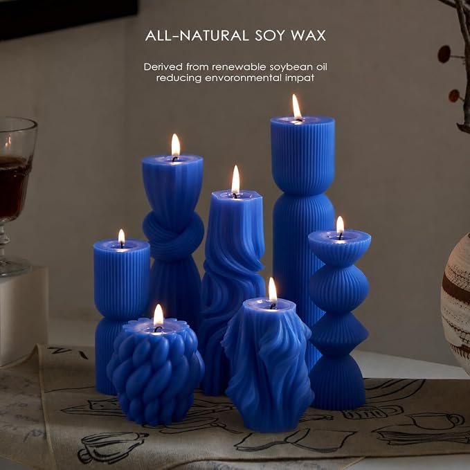 7-Pack Pillar Candles - Soy Wax Handmade Ribbed Candles for Home Decor, Housewarming Gift, Shelf & Table Decor - Aesthetic Modern Candles Set (Blue)