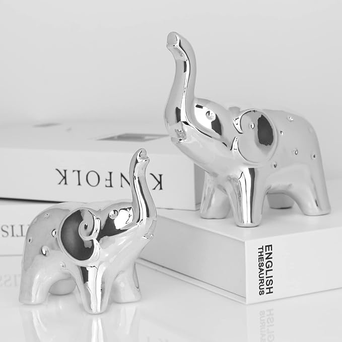 A Pair Elephant Statue Home Decor,Modern Style Figurines,Sculpture for Office Desktop Bookshelf Living Room (Silver)