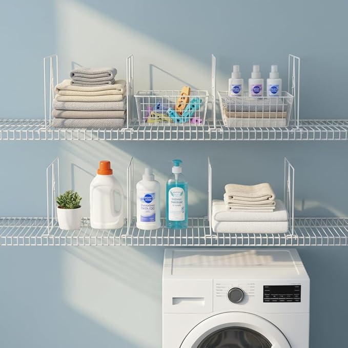 Wire Shelf Dividers - White Closet Organization & Storage Organizer - No Tool Shelf Divider for Wire Shelves - Metal Shelf Accessories – for 12“ Deep Wire Shelves – Tall 12” Height – 4 Pack