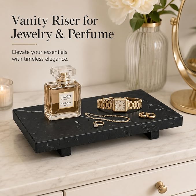 Black Marble Large Pedestal Tray for 13.8 in | Vanity Tray for Perfume, Jewelry, Keys and Candles, Catchall Tray for Bathroom Counter, Dresser and Entryway Decor