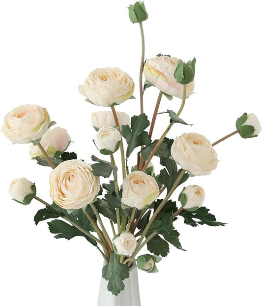 6Pcs Realistic Silk White Ranunculus Artificial Flowers Long Stems, 23.6" Tall Fake Flowers Faux Flowers Suit for Year-Round Home Decoration, Wedding, Bridal Bouquets, Office