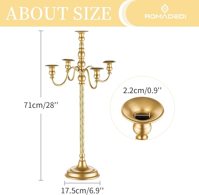 Romadedi Gold 5-Arm Candelabra for Taper Candles, 28 in, Pack of 2 | Metal Candlestick Holders with Curved Branches for Wedding Centerpiece, Reception, Dining Table, and Christmas Decor.