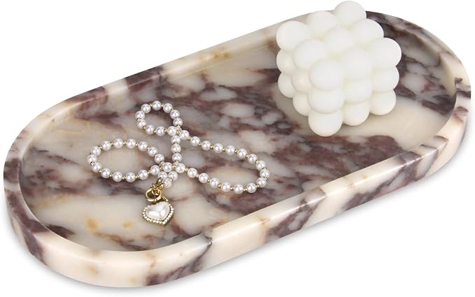 Oval Marble Bathroom Vanity Tray, Natural Luxury Marble Home Kitchen Bathroom Table Tray, Stone Decorative Countertop Tray for Coffee Perfume Jewelry (Calacatta Viola, 12" x 6" x 0.8")