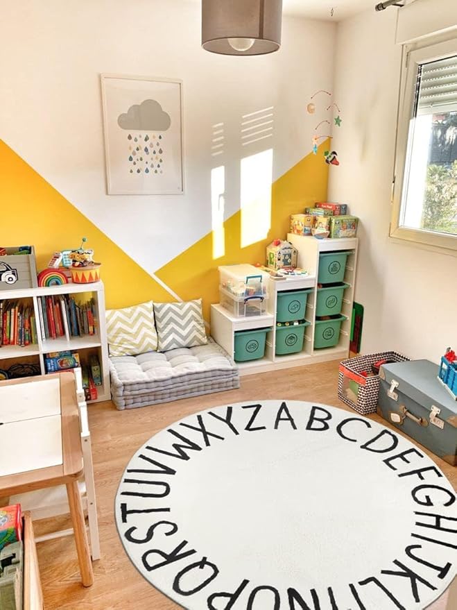Topotdor Round Kids Play Rug Alphabet Nursery Area Rug Extra Large Soft Crawling Play Mat for Children Toddlers Bedroom (96 inch, White)