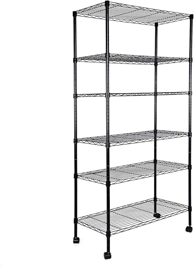 Simple Deluxe Heavy Duty 6-Shelf Shelving, 29.92'' D x 13.98'' W x 71.65'' H Adjustable Wire Shelving with Hanging Hooks and Wheels, Black