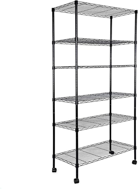 Simple Deluxe Heavy Duty 6-Shelf Shelving, 29.92'' D x 13.98'' W x 71.65'' H Adjustable Wire Shelving with Hanging Hooks and Wheels, Black