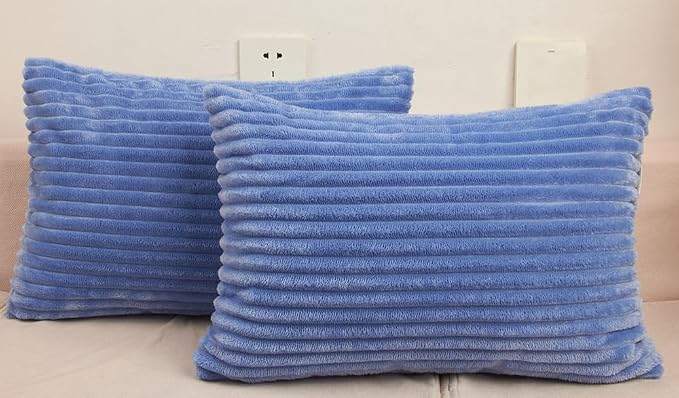 TangDepot Velvet Big Corduroy Pillow Covers 12x18 Sky Blue 2-Pack | Soft wide-stripe corduroy pillow cover, hidden zipper, machine washable, easy refresh, for bedroom living room indoor outdoor