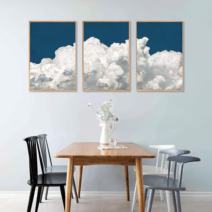 LHIUEM Large White Clouds Framed Canvas Wall Art Set Abstract Navy Blue Sky Natural Wall Decor Minimalist Modern Painting Artwork for Livingroom,Bedroom,Office Decor -24"x36"x3