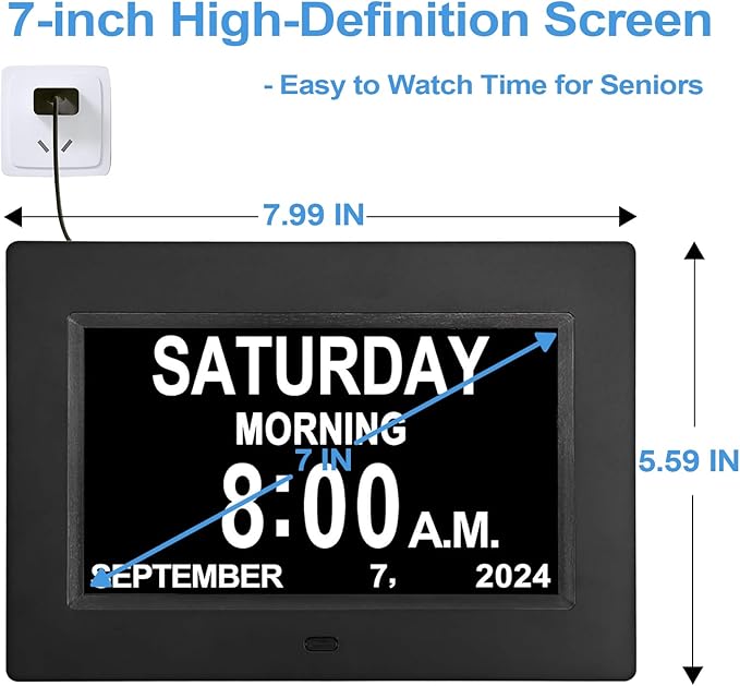 JALL 【2024 New Digital Calendar Dementia Day Clock, 7 Inch Large Screen Display, with Multiple Alarms, AM & PM Display, for Impaired Vision People, Age Seniors, for Desk, Wall Mounted
