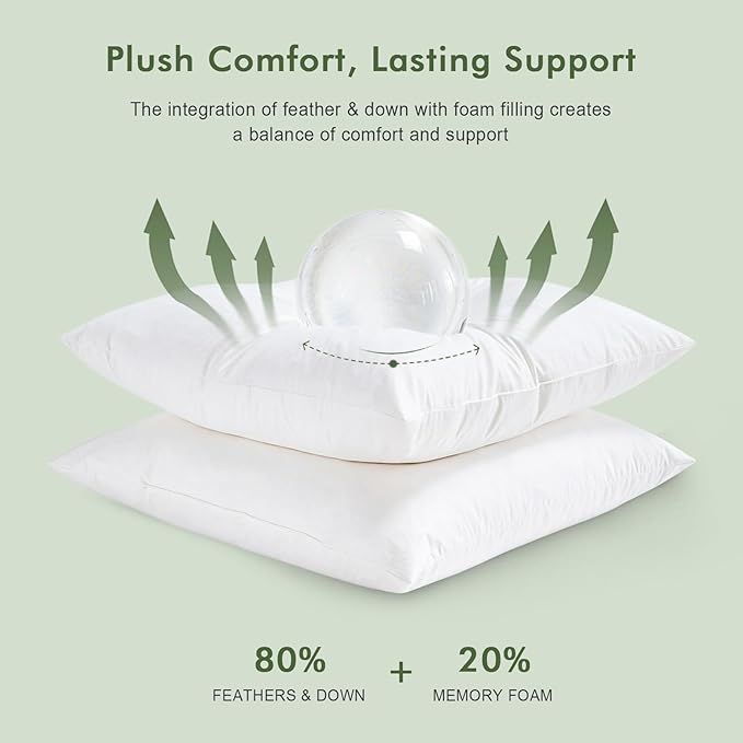 TOPGREEN Feathers Down Throw Pillow Inserts 24x24, Set of 2, 100% Organic Cotton Shell, Soft Decorative Square Pillow Insert for Living Room Sofa, Couch, or Bed (White)
