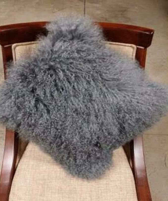 Mongolian Lamb Fur Throw Pillow Cover (16'' x 16'', Gray) Real Fur Decorative Cushion Cover Pillow Case for Living Room Bedroom