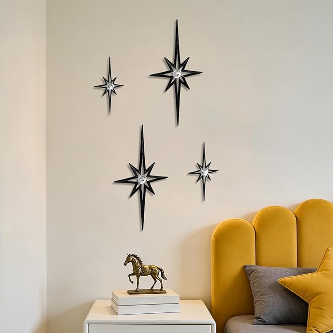 sxnzequnze 4 Pack Metal Star Wall Art 8 Pointed Starburst Wall Decor Set with 2 Large & 2 Small Pieces Mid Century Celestial Metal Wall Sculpture for Bedroom Living Room Office Gallery Wall