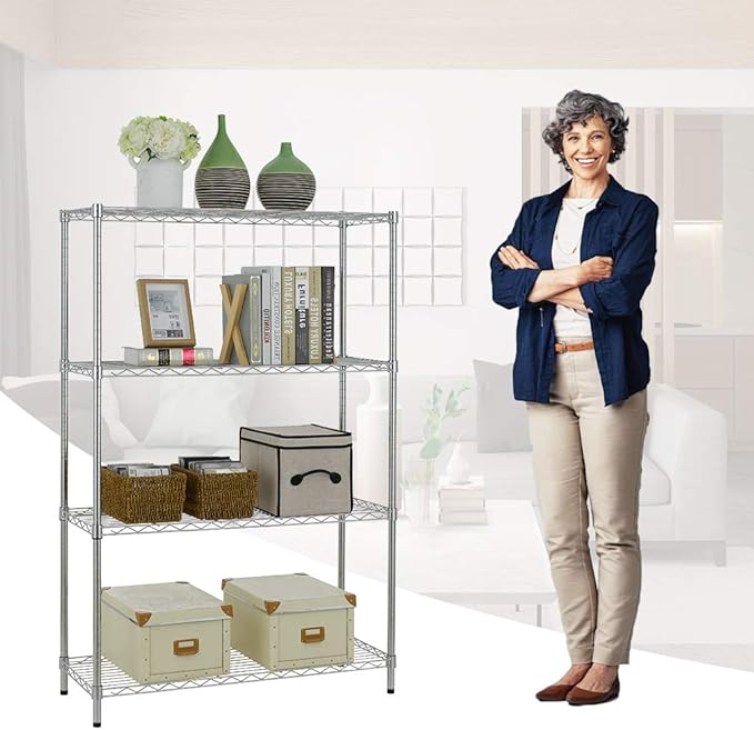 BestOffice 4-Storage Shelves Metal Garage Shelving Wire Shelf Organizer Shelving, 36" x 14" x 54", Unit 250 lbs Per Shelf, Chrome | Sturdy, Adjustable, Easy Assembly | Garage Pantry Kitchen Closet