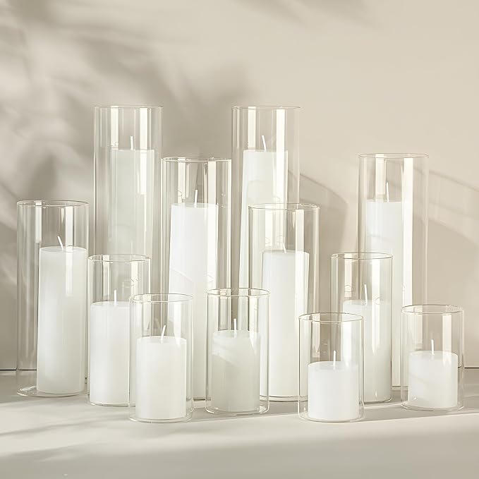 Shihanee Set of 12 Pillar Candles and Glass Cylinder Vases Assorted Sizes Cylinder Holders for Pillar Candles Home Table Centerpieces Wedding Party Decorations (White)