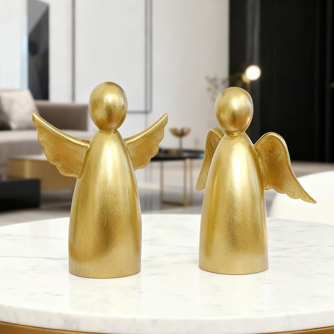 OwMell Set of 2 Cherubs Angels Resin Statue Figurine, Indoor Home Decoration, Adorable Angel Sculpture Memorial Statue 4" - Minimalist Gold