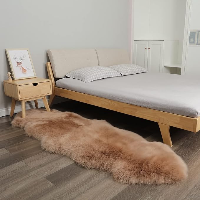 Fluffy Genuine Sheepskin Rug, Fuzzy Shaggy Fur Area Rug, Soft Fur Prayer Pup Mat Carpet, Chair Sofa Seat Cover, Bedroom, Living Room Double Pelts (Light Brown, 2x6ft)