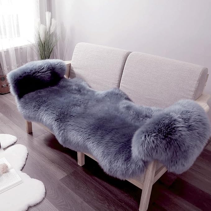 IRIWOOL Premium Genuine Fur Sheepskin Rug Real Australia Sheepskin Natural Luxury Fluffy Lambskin Fur Area Rug Seat Covers for Kids Bedroom Sofa Chair Cover (Dark Gray, Double Pelt/2ft x 6ft)