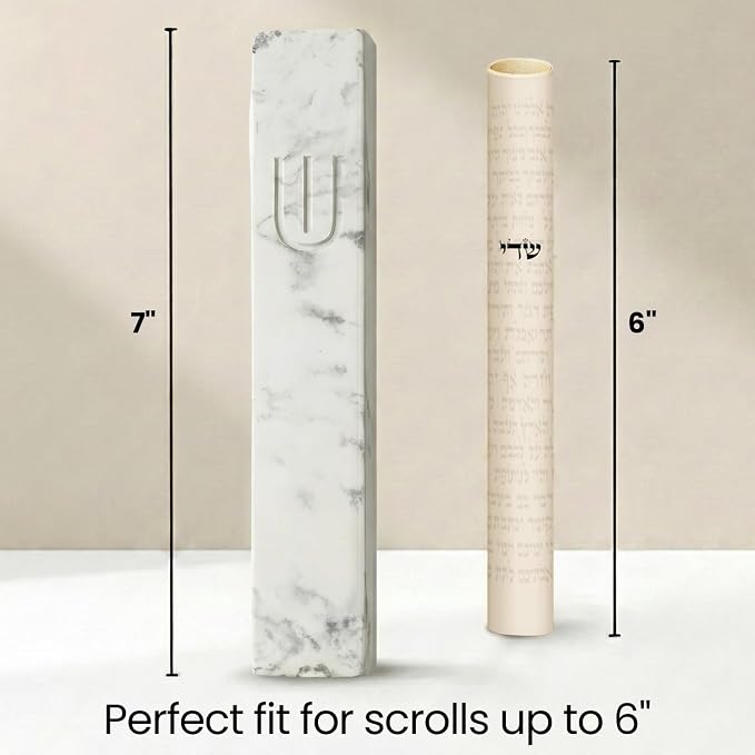 SURI Mezuzah for Door – 7 Inch Marble Cream Concrete Mezuzah Case with Non Kosher Scroll, Self-Stick Jewish Entry Design, Fits a 6 Inch Scroll, Gift Box Included