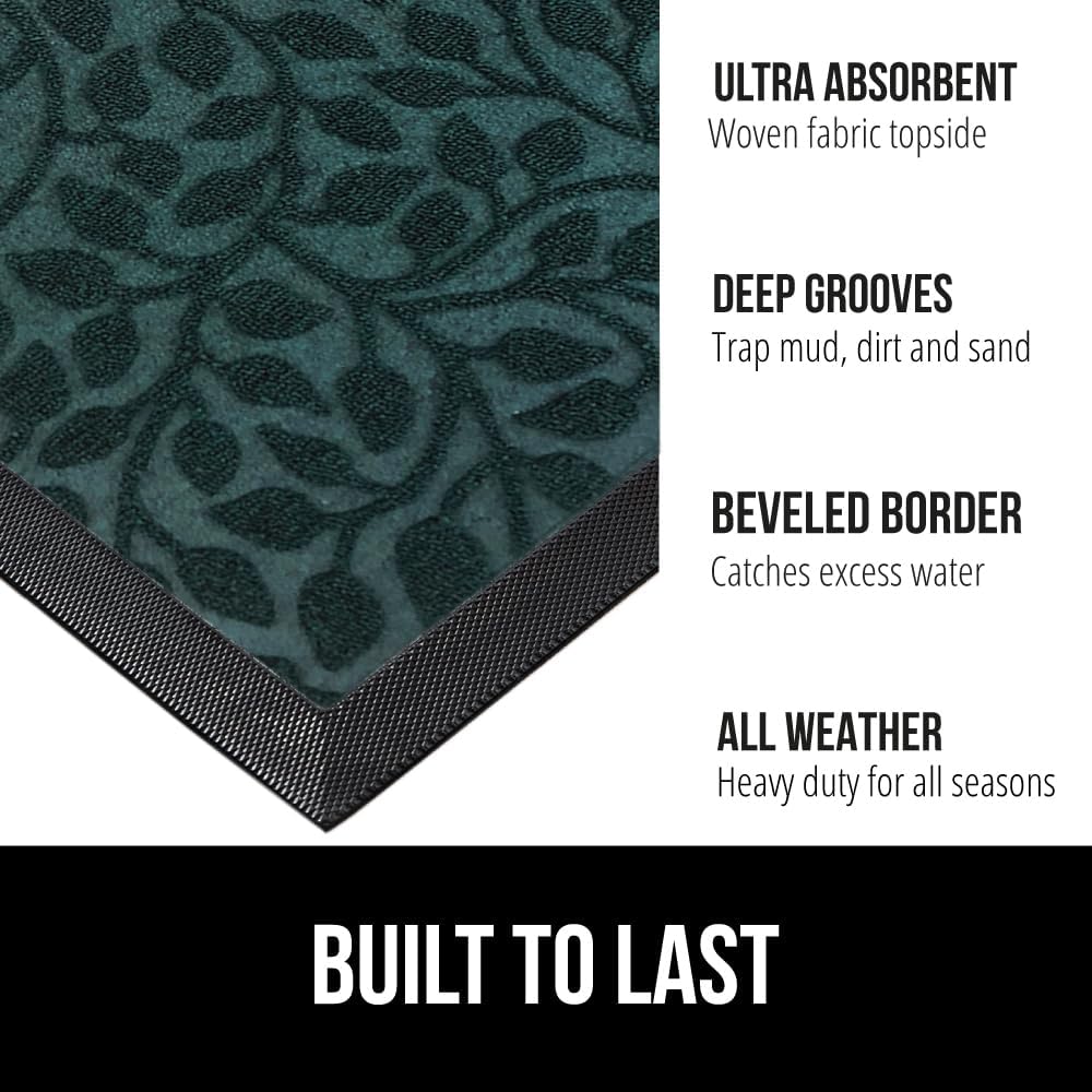 GORILLA GRIP 100% Waterproof All-Season WeatherMax Doormat 35x23, US Designed Natural Rubber, Stain and Fade Resistant, Low Profile Indoor Outdoor Door Mats, Easy Clean Patio Mat, Moss Vine Leaves