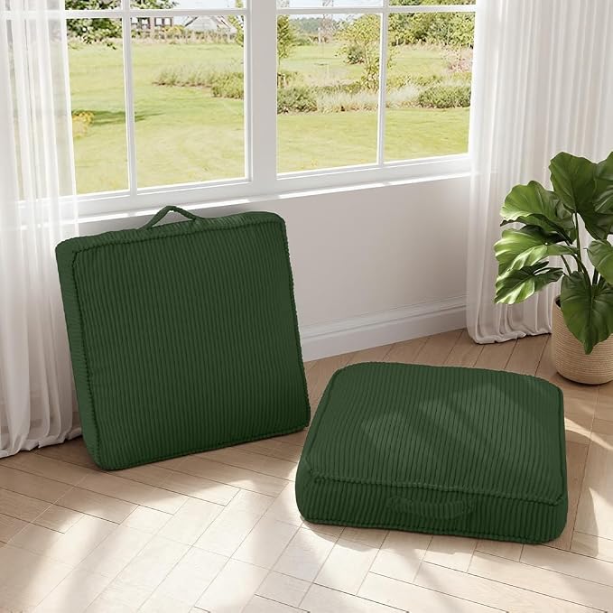 Floor Pillow for Adults Set of 2, 4" Square Floor Cushions with Washable Cover, Large Corduroy Meditation Pillow, 22 inches Tatami Seat with Handle for Living Room or Yoga, Green