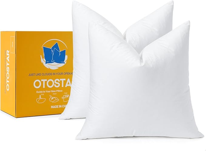 OTOSTAR Pack of 2 Down and Feather Throw Pillow Inserts, 20 x 20 Soft Fluffy Square Pillow Inserts with 100% Cotton Cover Decorative Pillows for Sofa Couch Bed-White