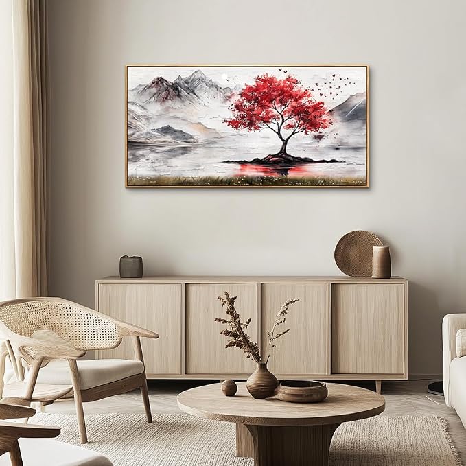 QIYILEXWART Wood Framed Large Wall Decor For Living Room Stretched And Framed Canvas Wall Art For Office Wall Decorations For Bedroom Red Tree Painting Farmhouse Pictures Home Decor