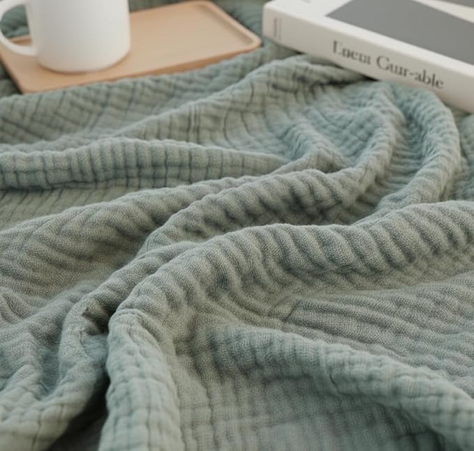 KyraHome 100% Organic Cotton Throw Blankets, 60"x80", Pre-Washed Plant Dyed, Lightweight Gauze Soft Muslin Blankets, Adults, Picnic, Travel, Summer, All Season, Sage Green