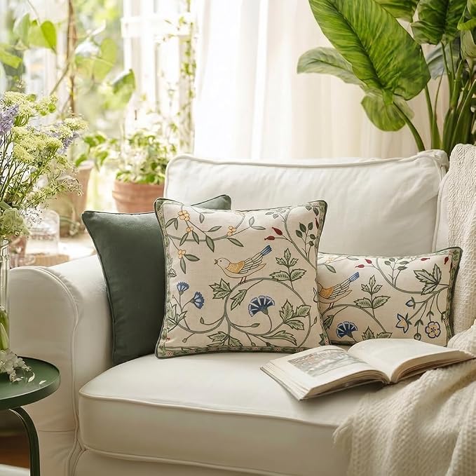 bilin gaier Designer Vintage Linen Throw Pillow Cover,18"x18"-Idaho A | Elegant Square Pillow Cover,Concealed Zipper Design,Floral and Bird Pattern,Sofa,Bedroom,Living Room,Lounge Chair
