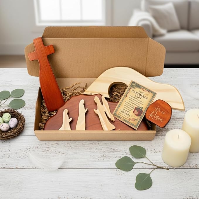 He is Risen Easter Decor – Wooden Resurrection Scene with Empty Tomb, Cross & Figurines, Christian Religious Tabletop Decoration for Home, Faith Easter Gift, Easter Basket Stuffer