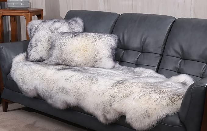 HUAHOO Premium Genuine Sheepskin Rug White Grey Real Australia Sheepskin Natural Luxury Fluffy Lambskin Fur Area Rug Seat Covers for Kids Bedroom Sofa Chair Cover Double Pelt/2' x 6' Wolf Tip