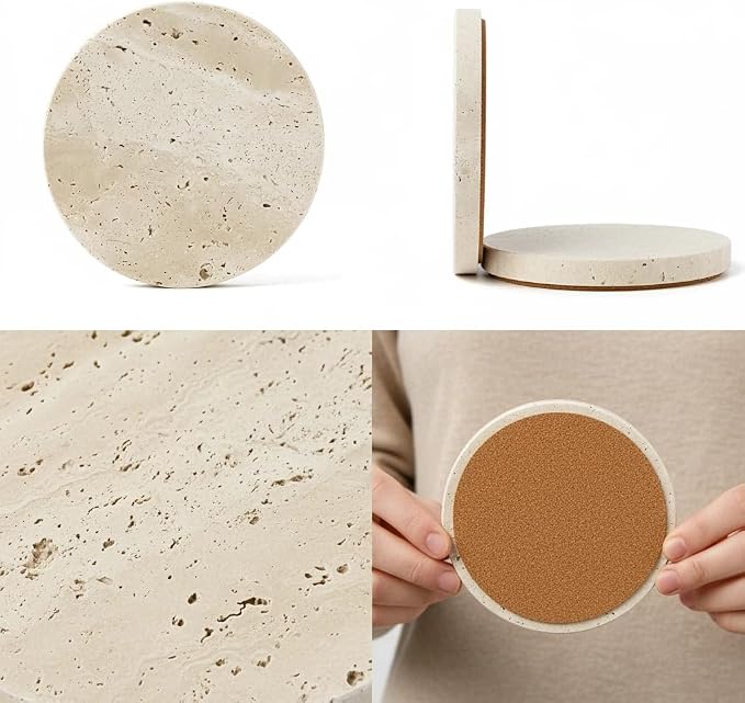 Beige Travertine Coasters Set of 4, Non-Slip Cork Backing, Natural Stone Coaster for Drinks, Anti-Slip Round Artisanal Travertine Coaster for Kitchen Counter and Coffee Table (Round)