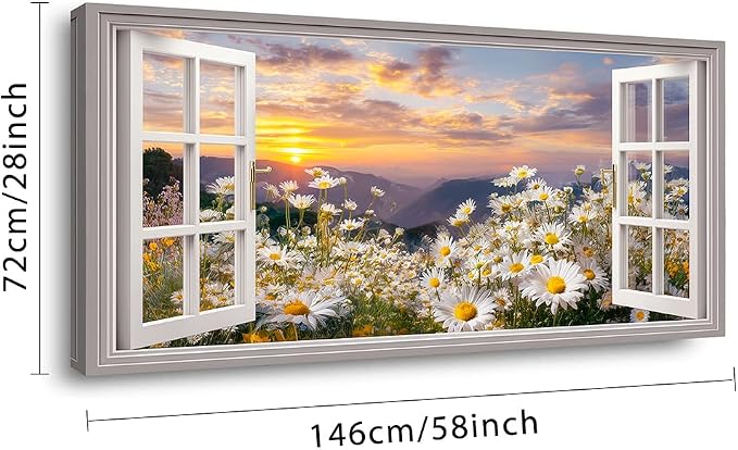 Ggaafet Wildflower Window Wall Art for Living Room Canvas Painting Prints Beautiful Daisy Floral Blooming Landscape Art Deco Pretty Artwork Office Bedroom Family Dining Room Decor Extra Large