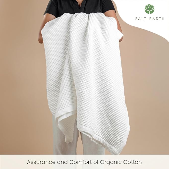 Salt Earth GOTS Certified 100% Organic Cotton Throw Blanket, 108" X 90" Waffle Blankets & Throws for Bed, Throw Blanket for Couch, Modern & Cozy Blanket, All Season, Comfy & Soft Blanket(Snow White)