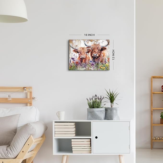 Farmhouse Highland Cow Wall Art Rustic Cow Floral Pictures Wall Decor Western Country Cattle Canvas Print Bathroom Painting Watercolor Animal Wildflower Artwork Kitchen Living Room Nursery Home
