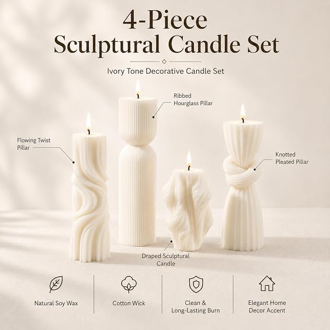 4-Pack Pillar Candles - Soy Wax Handmade Ribbed Candles for Home Decor, Housewarming Gift, Shelf & Table Decor - Aesthetic Modern Candles Set (Pearl White)