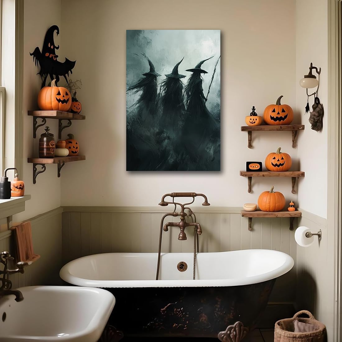 Gothic Witchs Horror Halloween Wall Art,Three Witches in Moody Forest Painting Wall Decor,Autumn Spooky Witches Forest Canvas Printing For Gallery Living Room Bedroom,8"x12" Framed