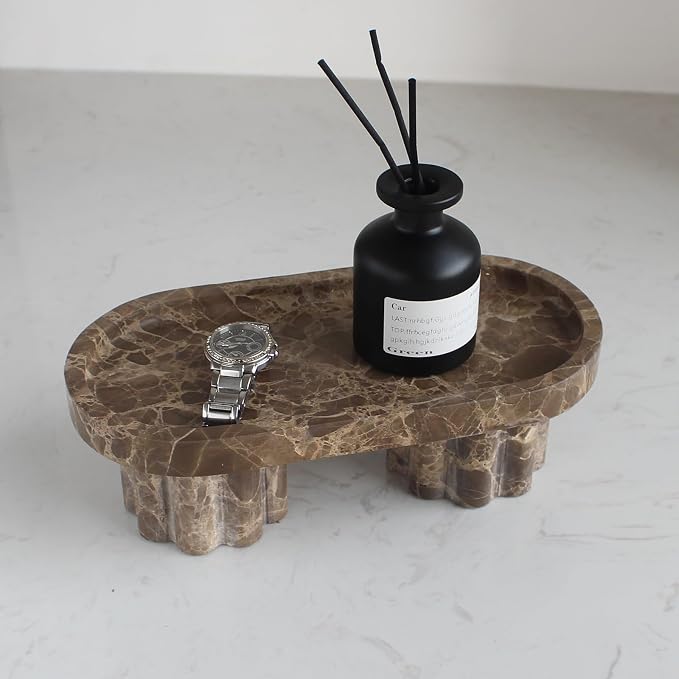 Natural Travertine Marble Oval Tray with 2 Legs, 10" Vanity Decorative Tray for Countertop Organizer, Catchall Tray for Perfume, Candles, Jewelry Dish