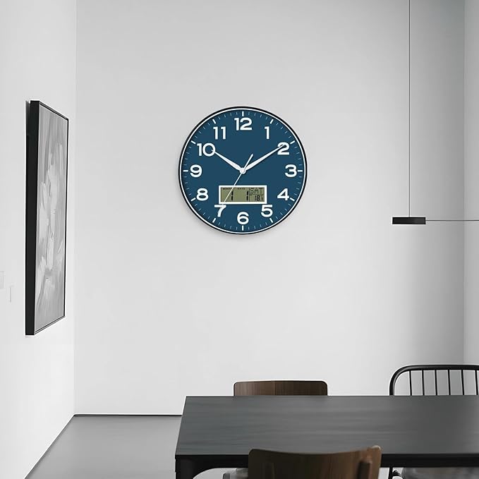 AKCISOT Wall Clock 12 Inch, Non-Ticking Silent Battery Operated Analog with LCD Display for Perpetual Calendar and Temperature, Ideal Modern Decor for Home, Bedroom, Kitchen, Office (Blue)