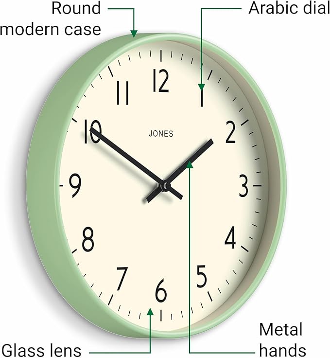 JONES CLOCKS® Studio wall Clock | Modern Round Style | 12 inch | Neo Mint Green | Easy to Read Numbers | Versatile Design for Kitchen, Living Room or Office